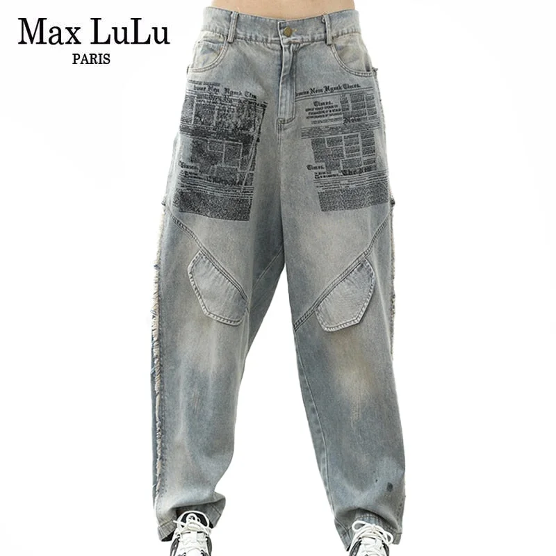 Max LuLu 2022 Casual Loose Jeans Autumn Women Printed Straight Harem Pants Ladies Button Harajuku Pantalons Denim Trousers