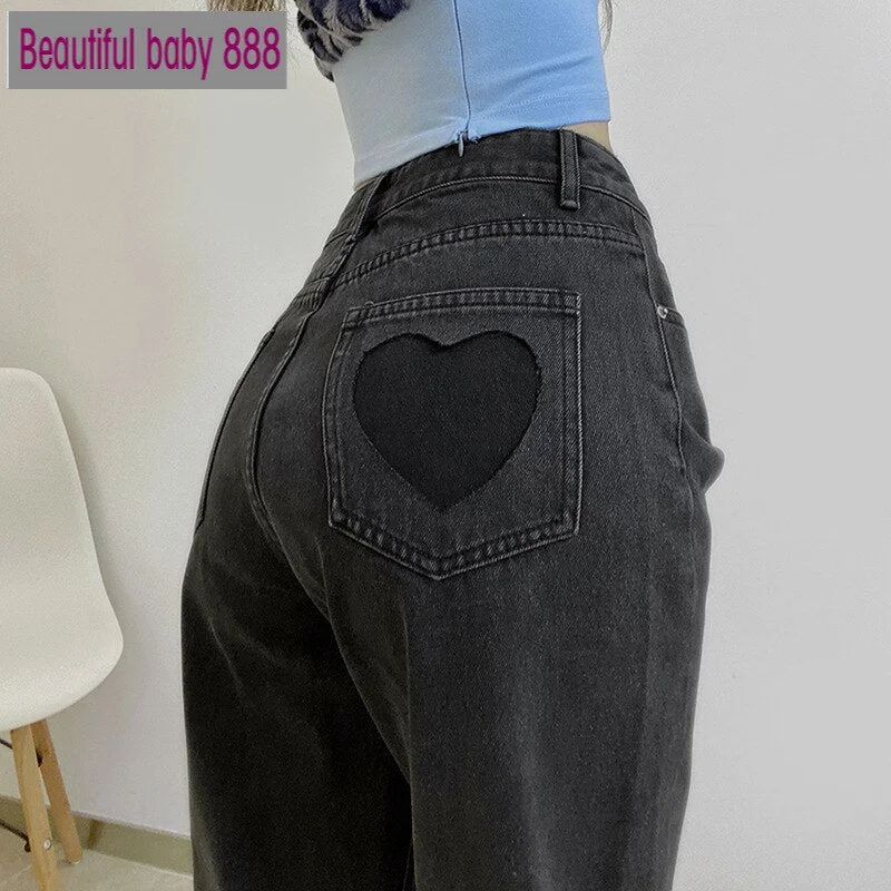 Meqeiss 2022 Heart-Shaped Hole Gradient Y2K Jeans Women High Waist Casual Hin Thin Straight Pants Street Vintage Denim Pants