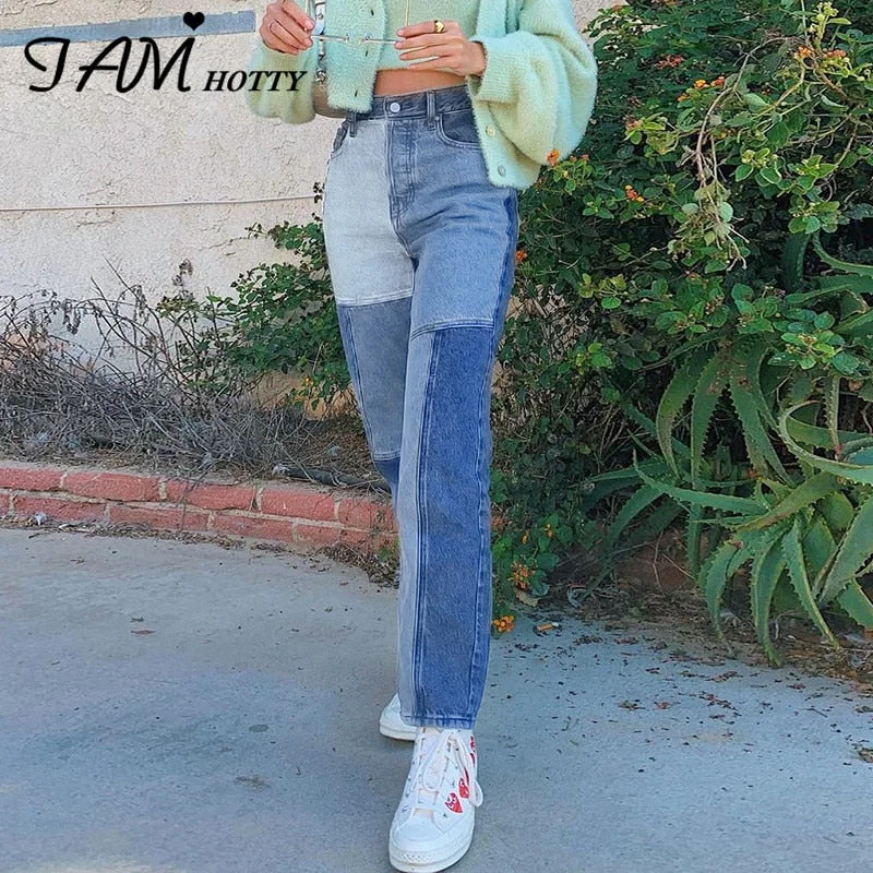 Patchwork Straight Mom Jeans Women Vintage Casual Baggy High Waist Female Casual Harajuku Denim Streetwear Pants  Iamhotty