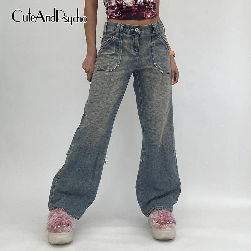 Retro Grunge Denim Jeans Women Fairycore Chic High Waist Trousers Vintage Casual 90s Cute Baggy Cargo Pants Cuteandpsycho