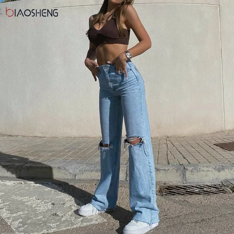 Ripped Jeans Women 2022 Blue Baggy Straight Jeans High Waist Casual Wide Denim Trousers Y2k Pants Vintage Streetwear