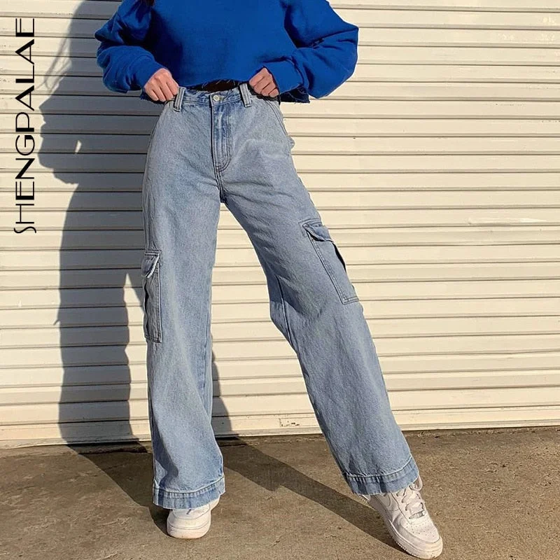 SHENGPALAE 2022 Summer Casual Jeans Woman Long Trousers Cowboy Female Loose Streetwear Multi-pocket Straight Pants ZA4421