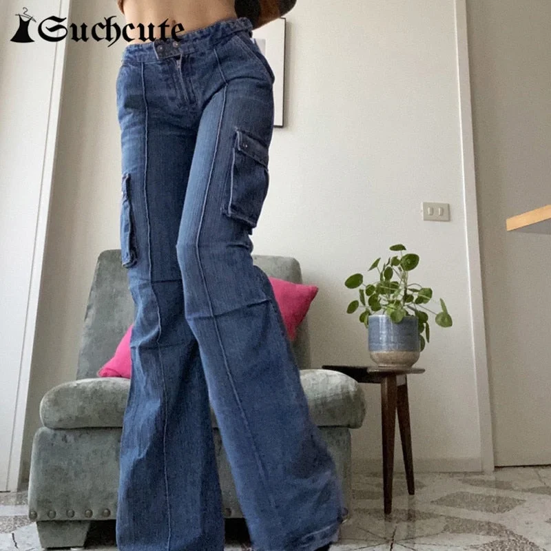 SUCHCUTE Pockets Baggy Jeans Women Mid Waist Bule Vintage Korean Straight Pants Streetwear Casual Denim Trousers Lady Autumn 90s