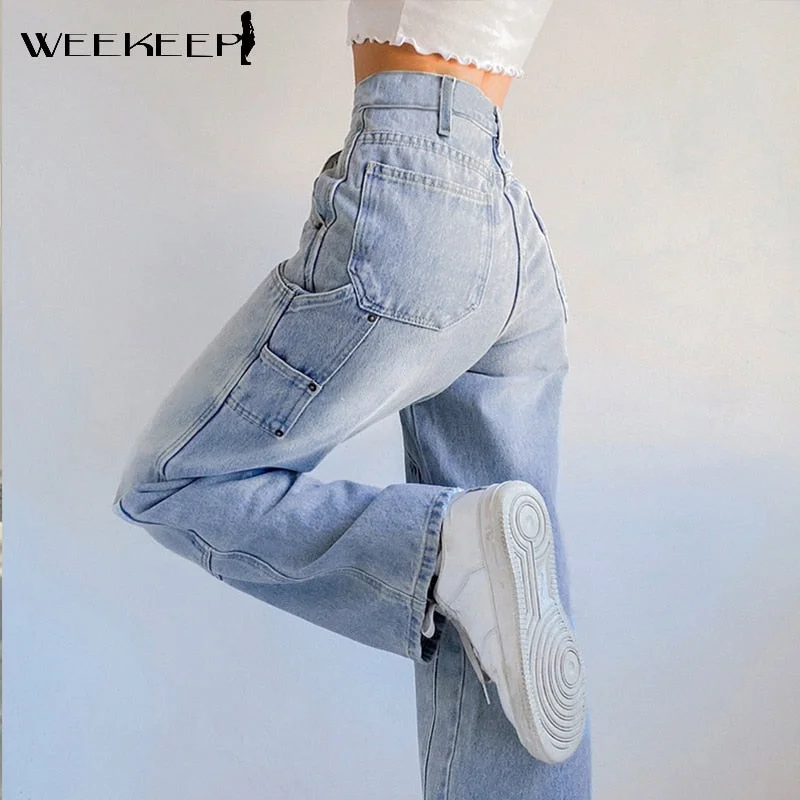 Weekeep Streetwear High Waist Jeans Women Baggy Cargo Pants Patchwork Denim Straight Trousers Autumn Casual Korean Harajuku 2022