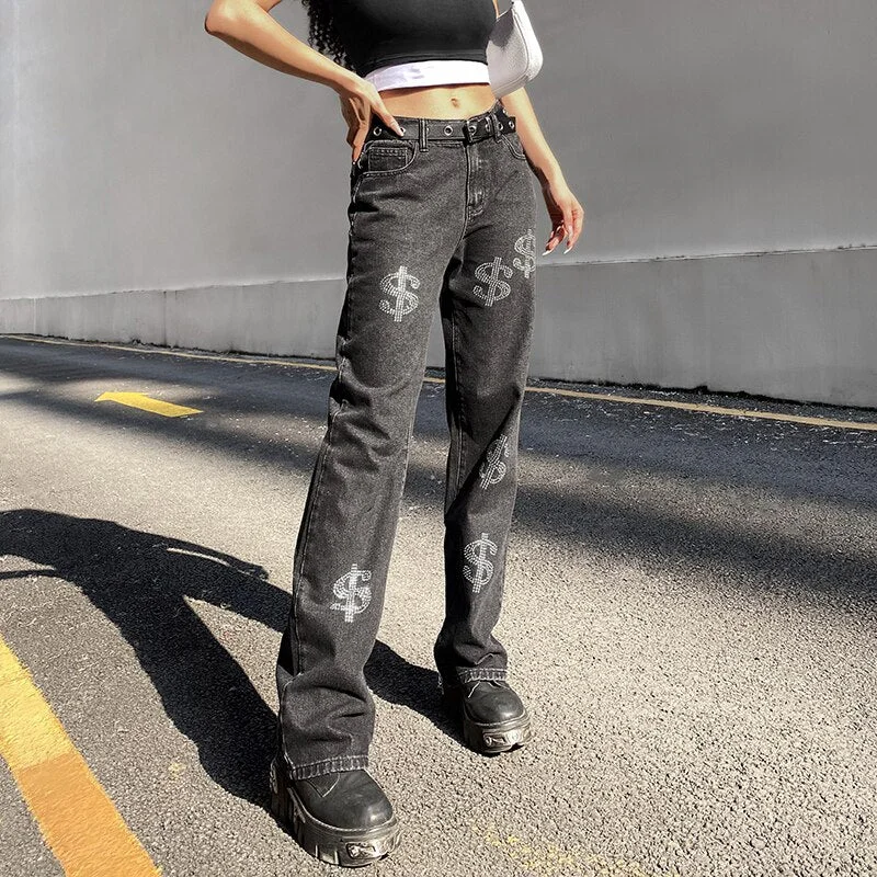 WeiYao Diamonds Chic Straight Y2K Jeans Woman Low Waist Streetwear Cargo Pants Vintage Casual 90s Denim Trousers Harajuku