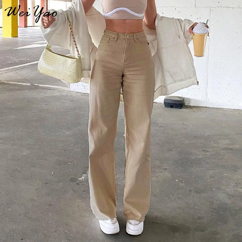 WeiYao Khaki Solid Casual Jeans Women 2022 Streetwear Cargo Pants Korean Style Retro High Waist Straight Denim Trousers