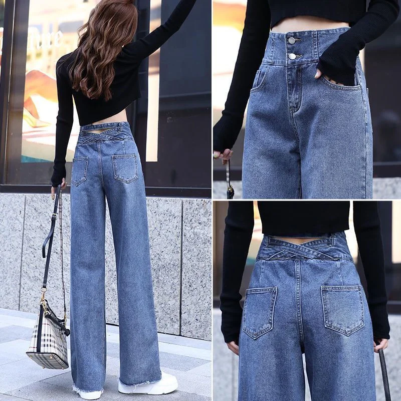 Wide leg Jeans For Women Blue Loose Pants High Waist Casual large size straight pants Boyfriend Straight Mom Jeans Streetwear