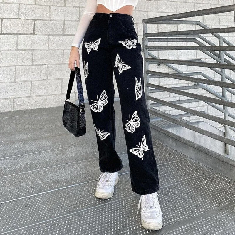 Women High Waist Butterfly Print Denim Jeans Stylish Pants for Shopping Daily Casual Wear Straight Trousers