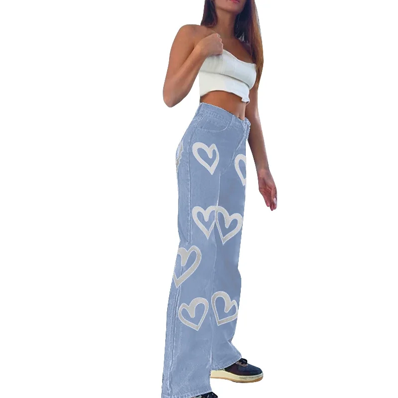 Women Hight Waist Casual Long Pants 90s Love Graffiti Print Vintage Straight Leg Flare Trousers Loose Streetwear Jeans