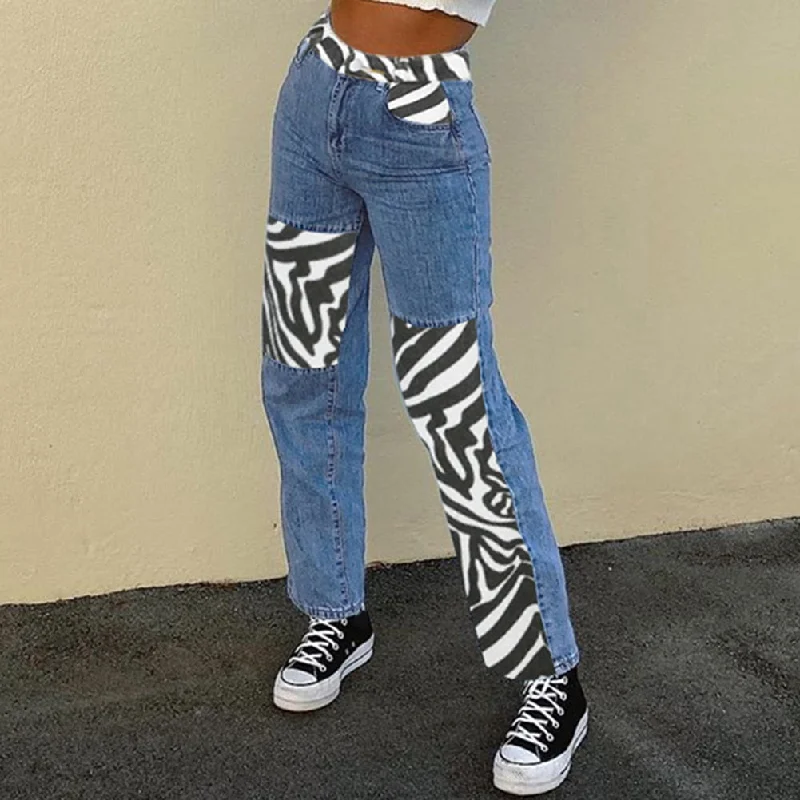 Women Y2K High Waist Striped Splicing Jeans Casual Pocket Zebra Print Long Pants Loose Full Length Jeans Streetwear