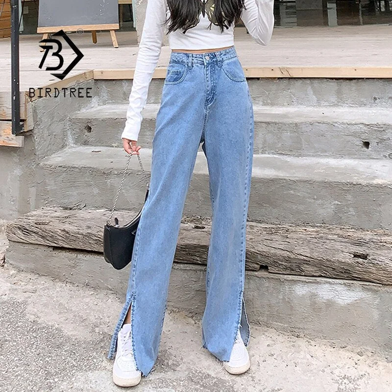 Women's Spring Vintage Plus Size Straight Slit Floor-Length Denim Pants All-Match High Waist Korean Loose Casual Jeans B18469X