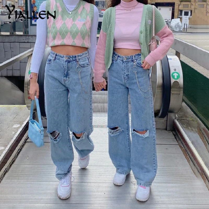 Yiallen Y2K Harajuku Letter Hole Pants Women High Waist Straight Jeans Chain Hip Hop Denim Casual Baggy Trousers Streetwear2022