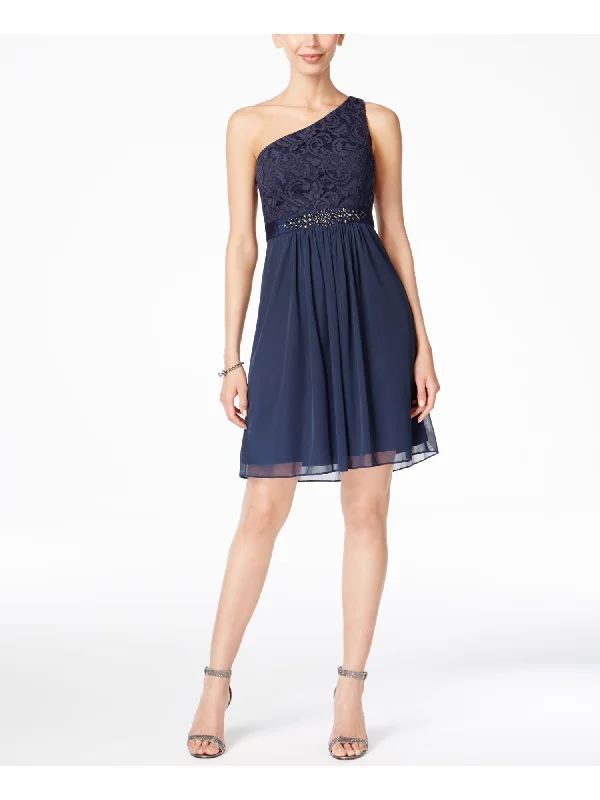 ADRIANNA PAPELL Womens Navy Lace Sleeveless Asymmetrical Neckline Knee Length Fit + Flare Dress