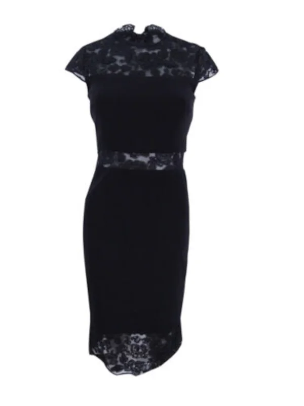 BETSY & ADAM Womens Black Lace Cap Sleeve Jewel Neck Below The Knee Cocktail Sheath Dress