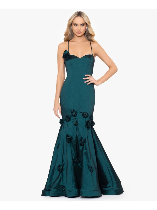 BLONDIE NITES Womens Green Lined Zippered Roset Accents Lace Up Back Spaghetti Strap Sweetheart Neckline Full-Length Formal Fit + Flare Dress