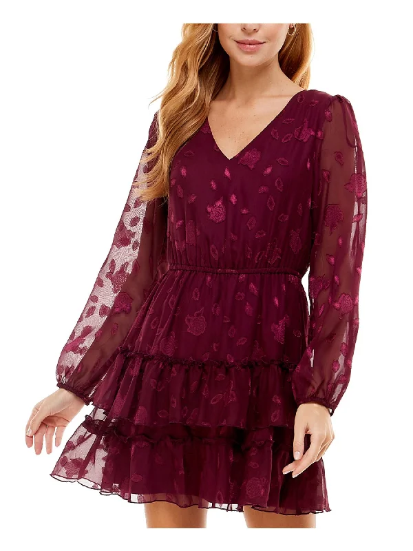 CITY STUDIO Womens Burgundy Lace Tie Waist Keyhole Back Closure Floral Balloon Sleeve V Neck Short Party Ruffled Dress