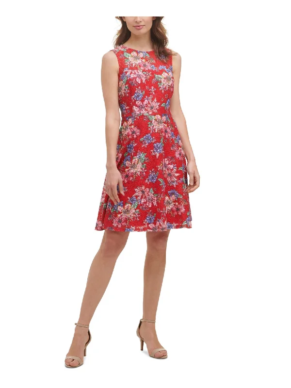 KENSIE DRESSES Womens Red Lace Lined Zippered Back Cut Out Button Floral Sleeveless Illusion Neckline Above The Knee Fit + Flare Dress