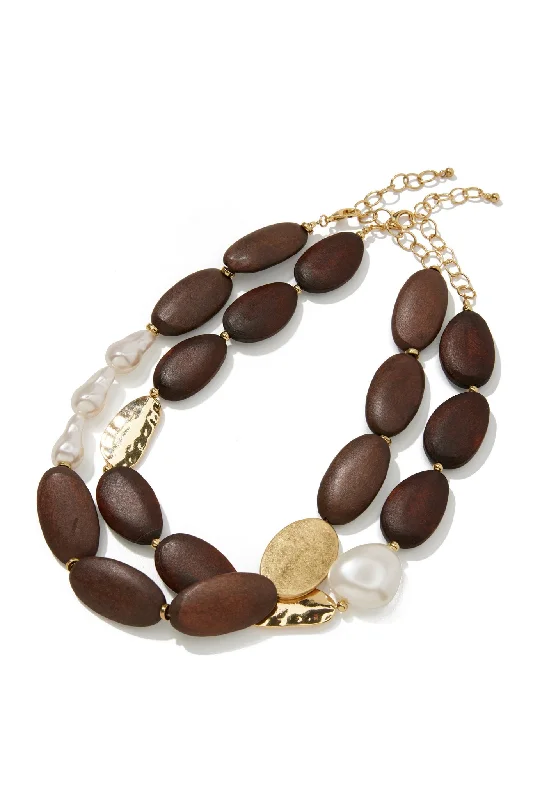 Layered Wood & Pearl Necklace Brown Multi