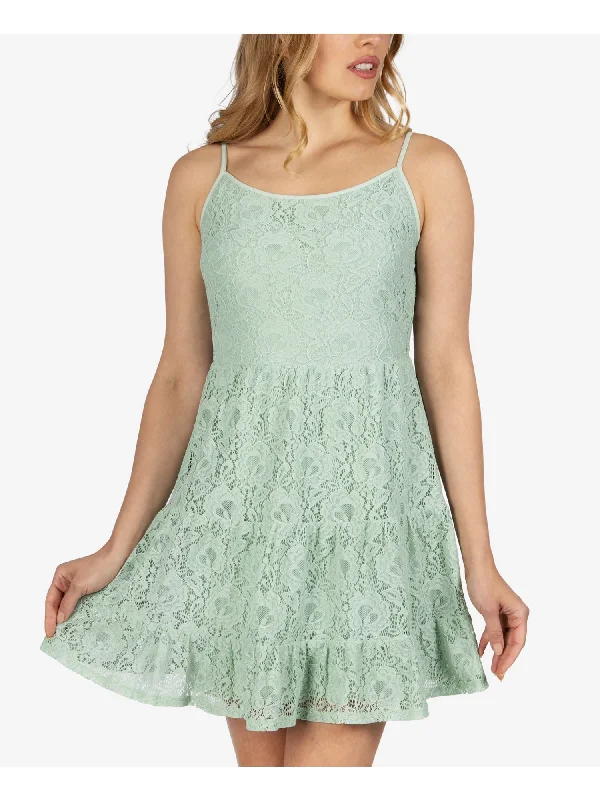 SPEECHLESS Womens Green Lace Ruffled Spaghetti Strap Jewel Neck Short Dress