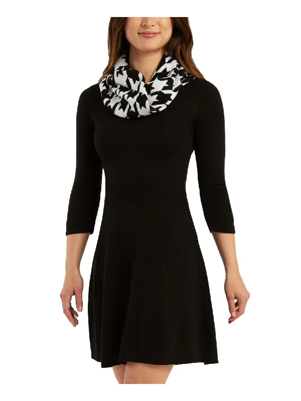 BCX DRESS Womens Black Unlined Printed Removable Scarf 3/4 Sleeve Round Neck Above The Knee Sweater Dress