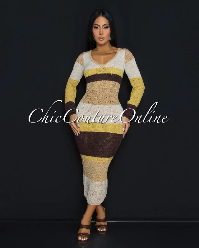 Benjy Yellow Multi-Color Stripes Sweater Dress