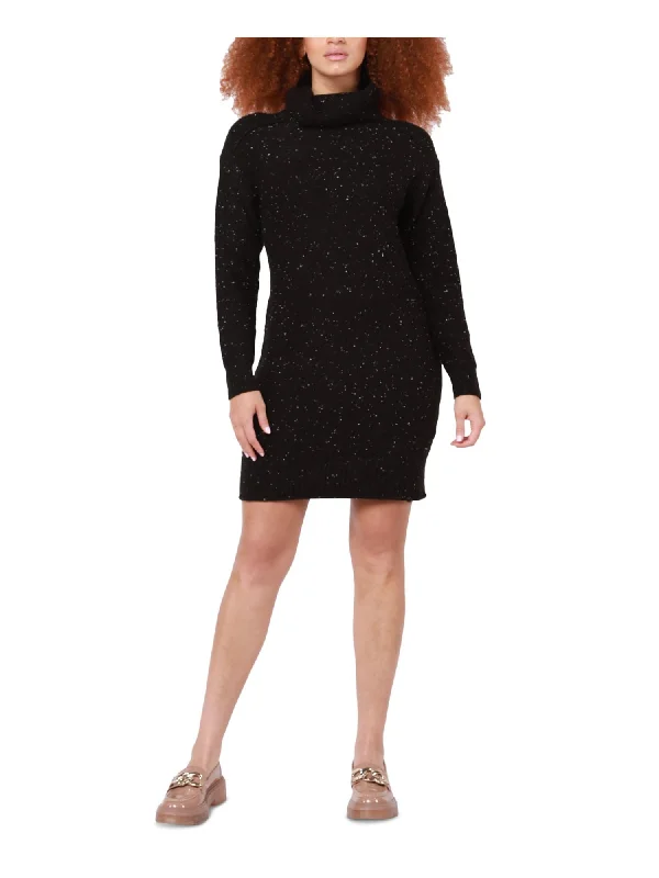 BLACK TAPE Womens Black Unlined Ribbed Trim Pullover Center Seam Heather Long Sleeve Turtle Neck Above The Knee Sweater Dress