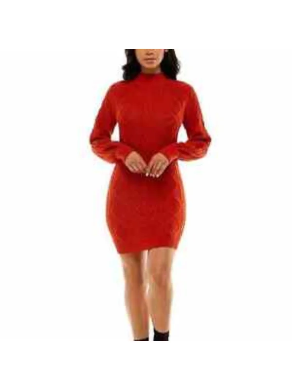 CRAVE FAME Womens Orange Balloon Sleeve Mock Neck Short Sweater Dress