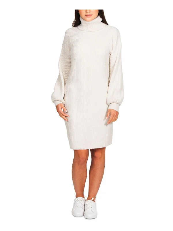 HIPPIE ROSE Womens Beige Ribbed Unlined Balloon Sleeve Turtle Neck Above The Knee Sweater Dress