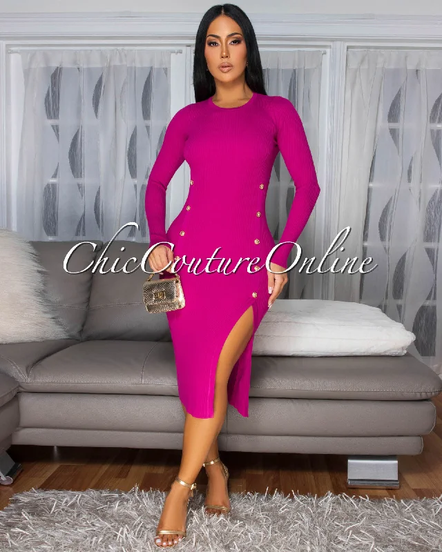 Karissa Magenta Ribbed Gold Buttons Sweater Dress