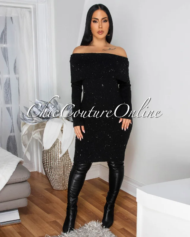 Marselle Black Gold Shimmer Knit Sweater Dress