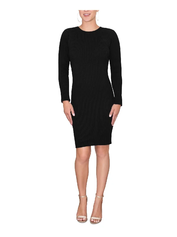 RACHEL RACHEL ROY Womens Black Ribbed Back Cut Outs Pullover Long Sleeve Crew Neck Above The Knee Party Sweater Dress