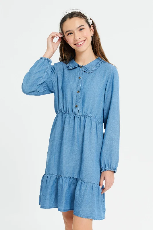 Senior Girls Blue Denim Peter Pan Collar Dress