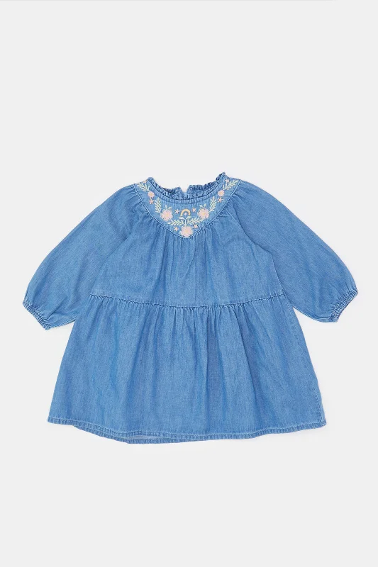 Infant Girls Blue Denim Embroidered Dress