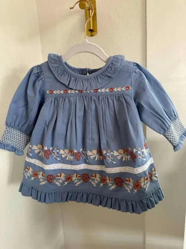 Kids Denim Embroidery Dress With Bloomer In Blue