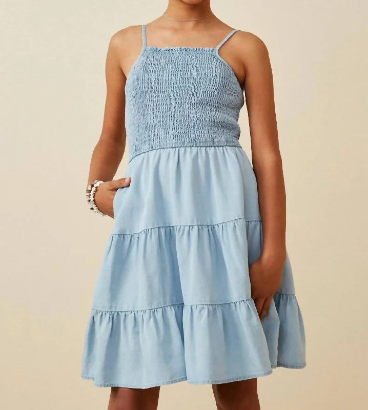 Youth Girl's Olivia Smocked Tiered Dress In Denim