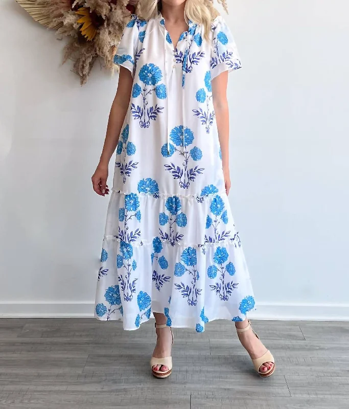 Mae Ruffle Sleeve Midi Dress In White/blue