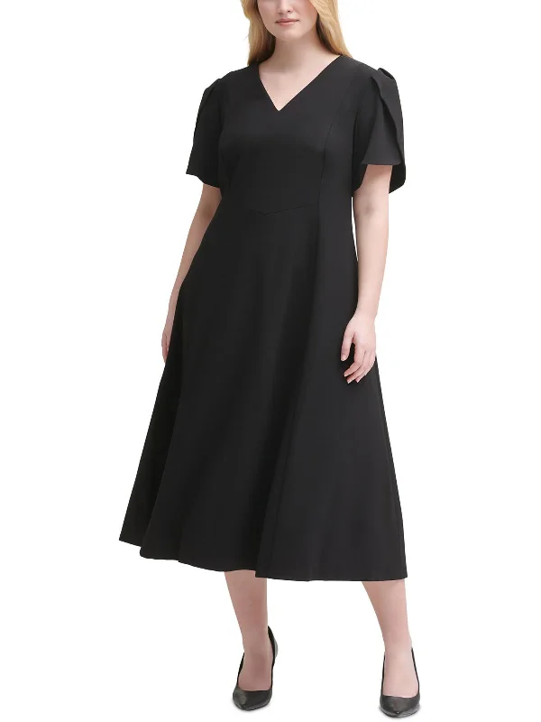 Plus Womens Knit Tulip Sleeves Midi Dress