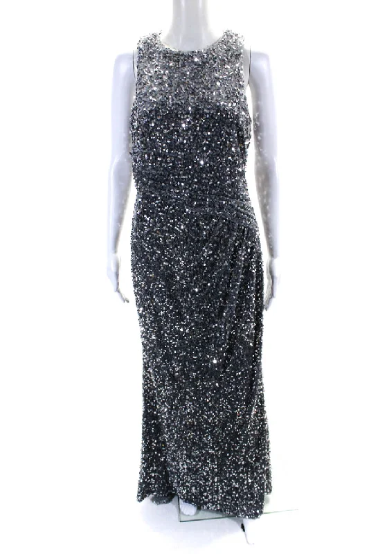 Badgley Mischka Womens Crew Neck Sleeveless Sequin Dress Gown Silver