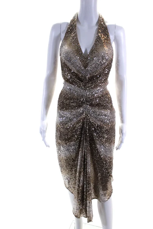 Belle Badgley Mischka Womens Sequin One Shoulder Sheath Dress Gown Gold