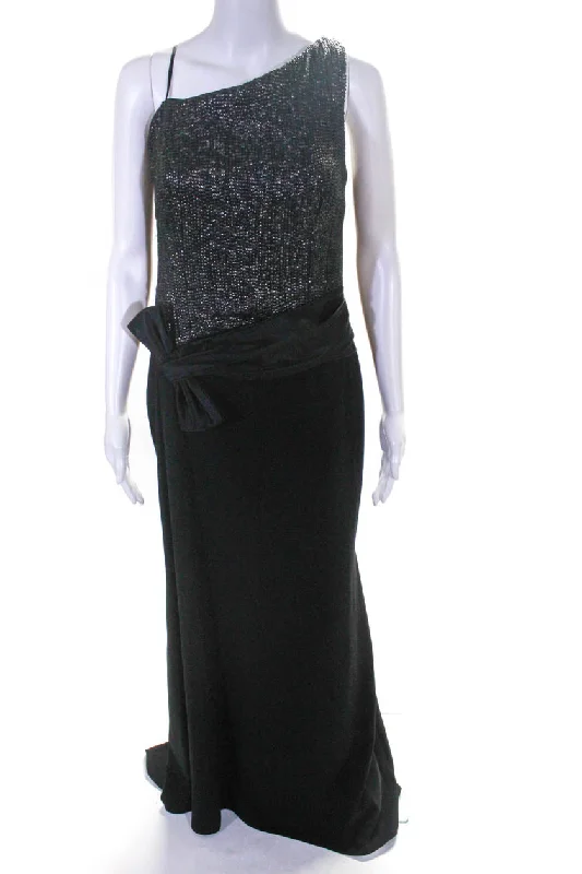 Carmen Marc Valvo Collection Womens One Shoulder Sequin Crepe Gown Black