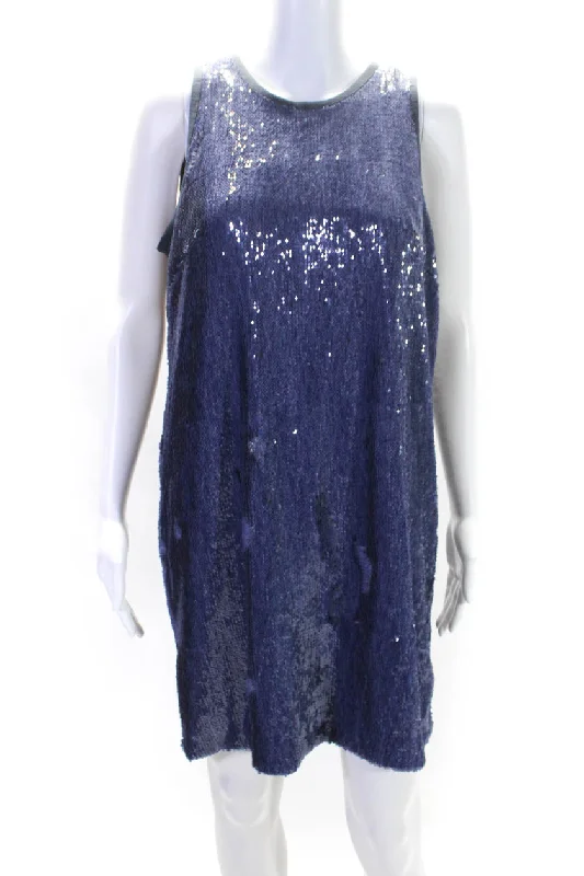 Carmen Marc Valvo Womens Denim Sequin Shift Blue