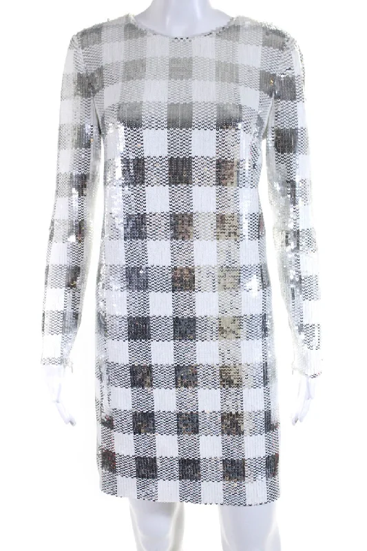 Carolina Herrera Womens Sequined Plaid Long Sleeves Dress Silver White