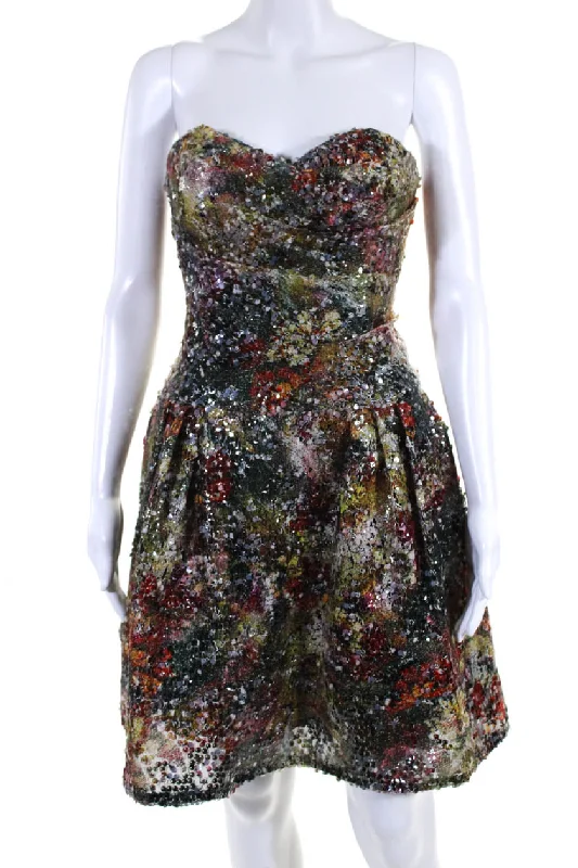 Marchesa Notte Womens Back Zip Sweetheart Sequin A Line Dress Multicolor