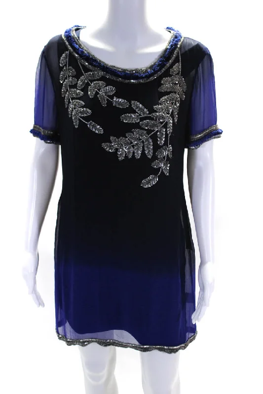 Matthew Williamson Womens Silk Sequin Beaded Ombre Shift Dress Blue