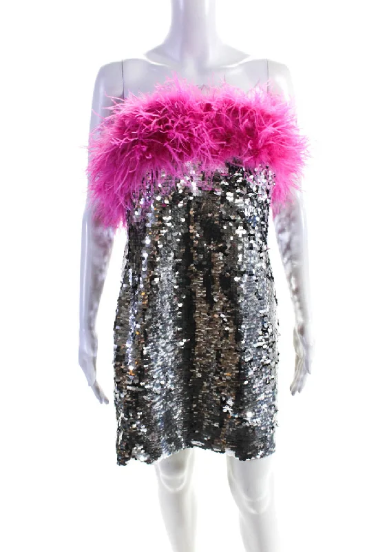 Nadine Merabi Womens Feather Trim Sequin Shift Dress Silver Pink