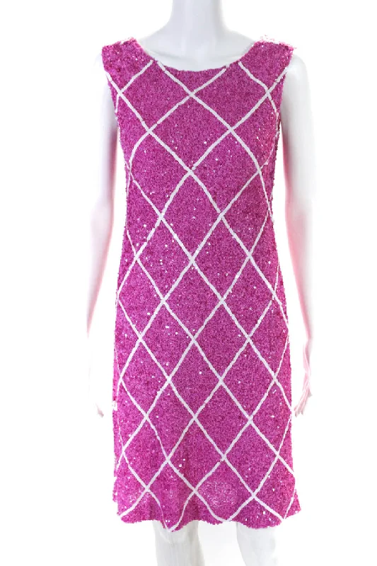 Pamella Roland Womens Sequin Check Sleeveless Sheath Dress Fuschia