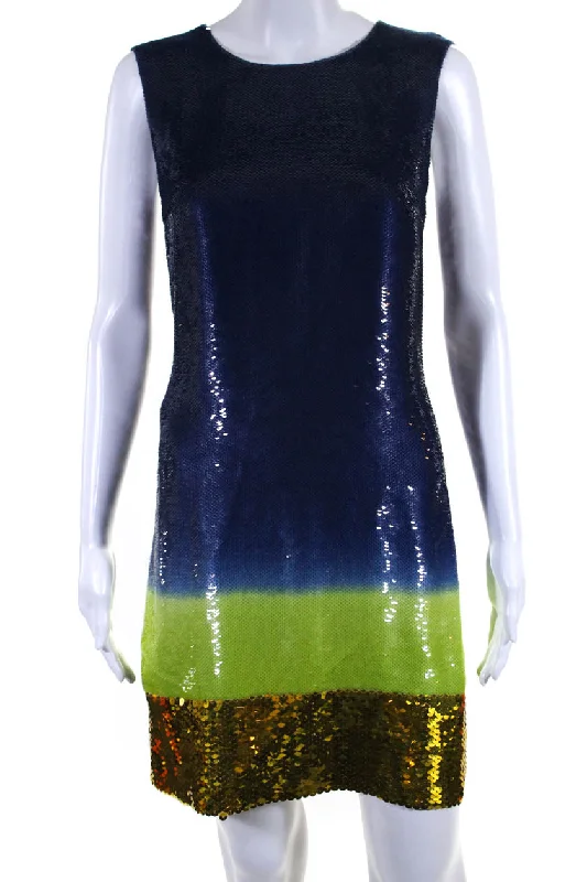 Prada Womens Silk Sequined Sleeveless Shift Dress Blue Gold