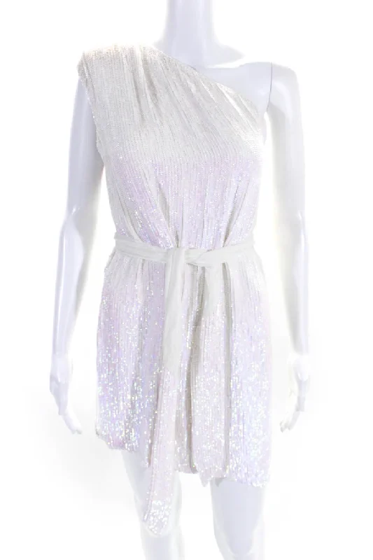 Retrofete Womens Iridescent Sequined One Shoulder Belted Zip Dress White