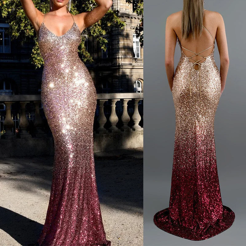 Sequin Fade color Backless Dress