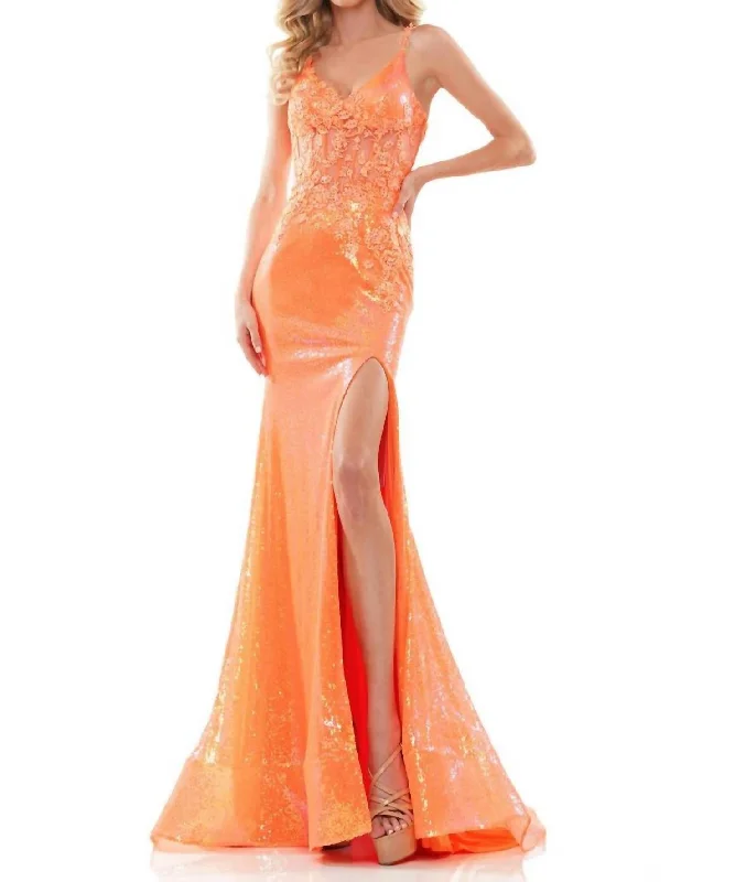 Sequin Lace High Slit Mermaid Gown In Orange